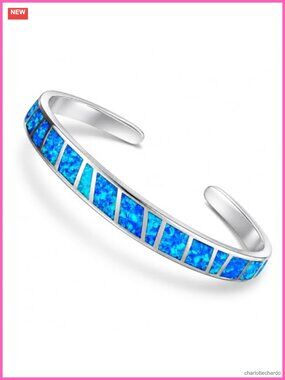Blue Fire Opal Cuff Bracelet Sterling Silver Adjustable Bangle Women